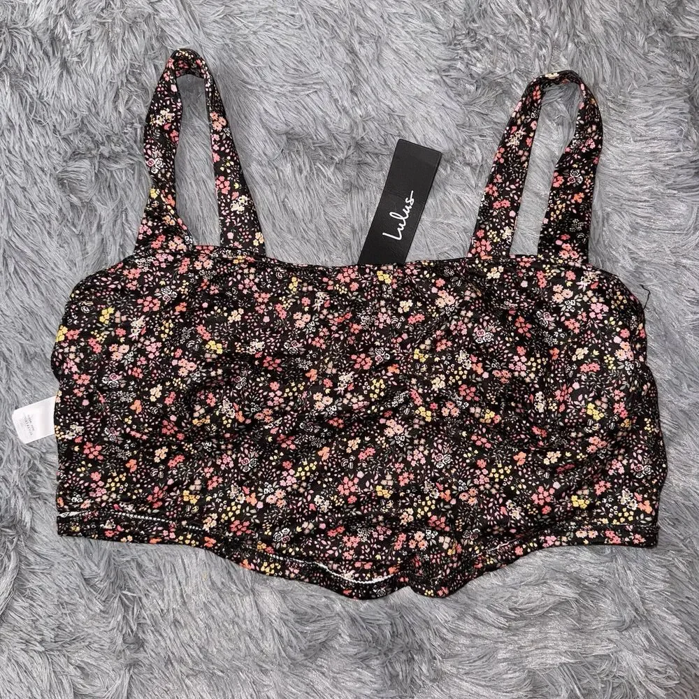 Lulu's XL Bloom In Black Wide Leg Trouser And Bustier Crop Black Floral‎ NWT